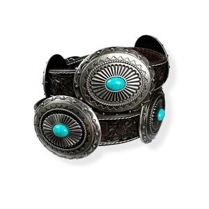 Ariat Brown Tooled Belt Women's Western Oval Conchos Turquoise Embossed 40" L
